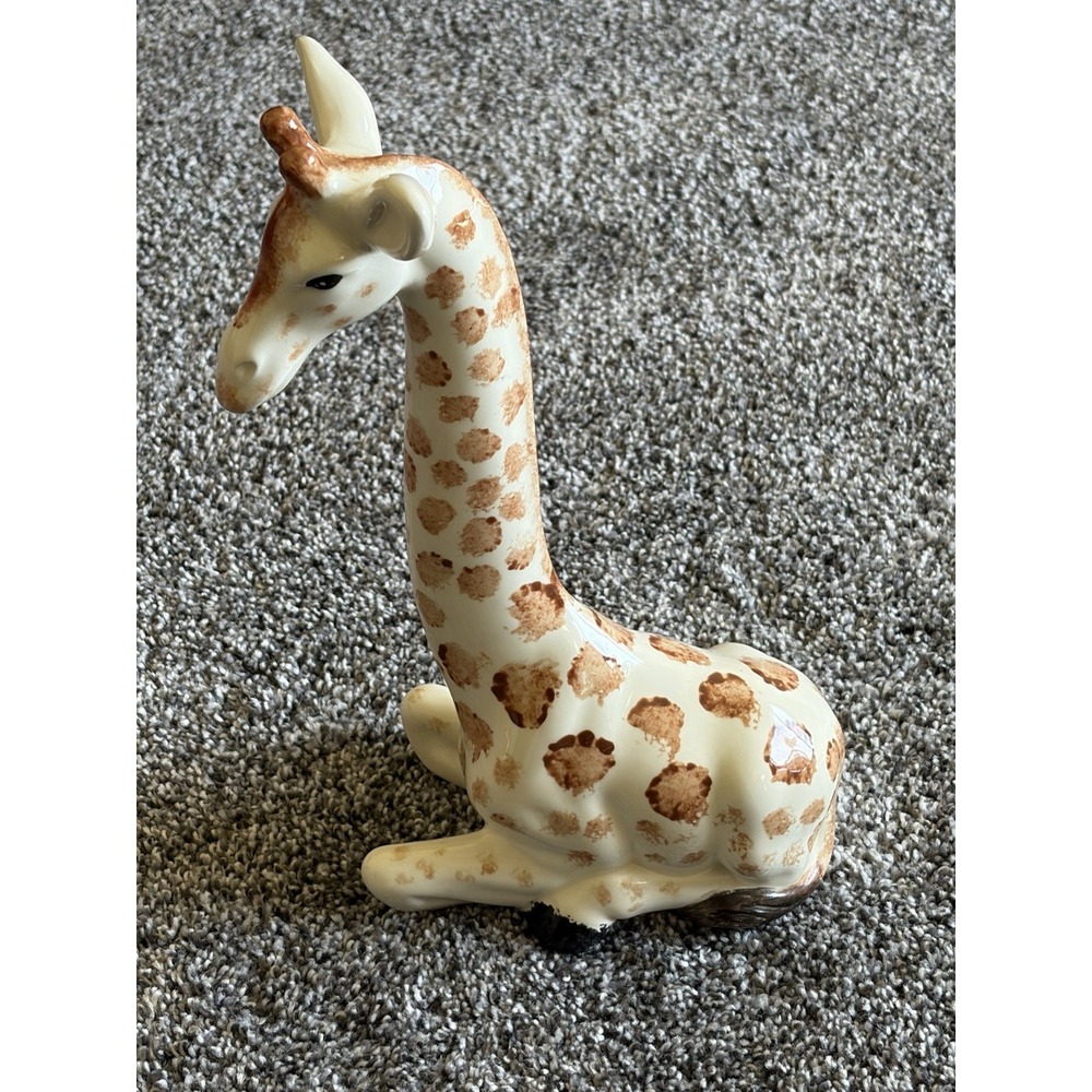 Ceramic Giraffe Figure 11" Beige Cream Orange Brown Vintage 1990s Animal Decor